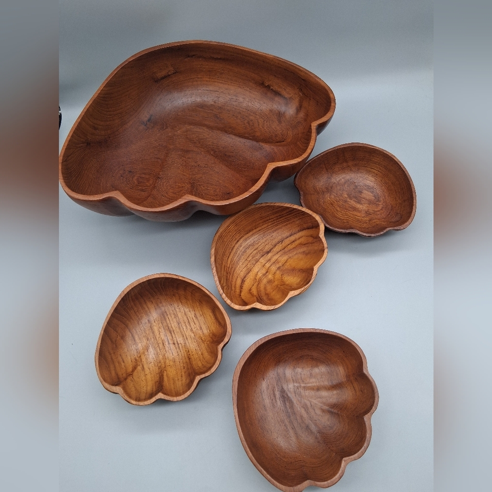 Vintage Walnut Wood Wooden Salad bowl set mid Century modern hand carved